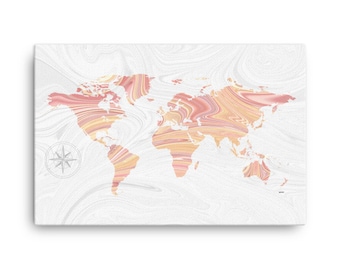 World Map Canvas • Rose Gold Liquid Marble Abstract Pour Painting Pattern Travel Art