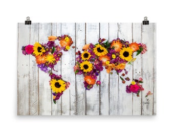World Map Poster • Rustic French Kitchen Summer Sunflower Floral Bouquet on White Palette Wood