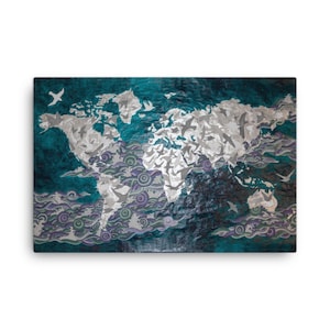 May include: A teal blue canvas print featuring a world map made of silver birds. The background is a swirling pattern of teal, purple, and green.