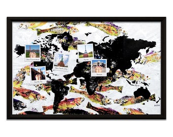 World Map Push Pin Board • Gyotaku Fish Print Mixed Media Ink and Paint
