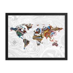 Affiche de carte du monde encadrée • Résumé en marbre liquide Pour Painting Pattern Travel Art