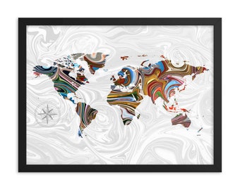 World Map Poster Framed • Liquid Marble Abstract Pour Painting Pattern Travel Art