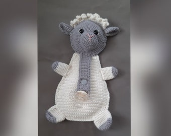 Crocheted pacifier cuddly toy sheep; cuddle cloth and pacifier cord in one