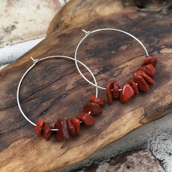 Red Jasper Gemstone Hoop Earrings, Ideal Gift