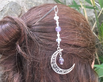 Crystal Amethyst Moon Hair Wand, Hair stick, Hair Jewellery