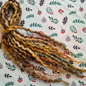 May include: A bundle of handmade dreadlocks in various shades of brown, yellow, and green. The dreadlocks are tied together at the top and have a textured, wavy appearance. The background is a white fabric with a repeating pattern of red berries, green leaves, and black pinecones.