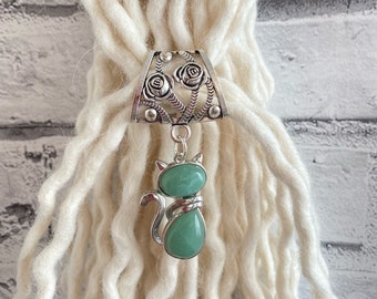 Large Dreadlock Bead With Green Aventurine Cat - Dreadlock Holder - Braid Bead