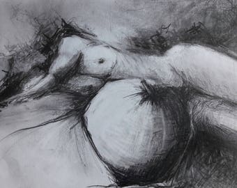 Woman with fruit graphite drawing