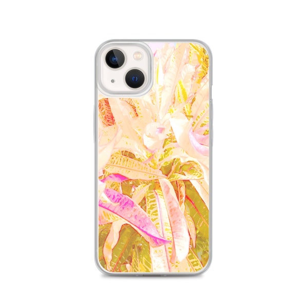 iPhone Case 7 8 11 12 13 14 15 Plus X XS XR Pro Max SE, Tropical yellow leaves, Original aesthetic watercolor art, camouflage foliage croton