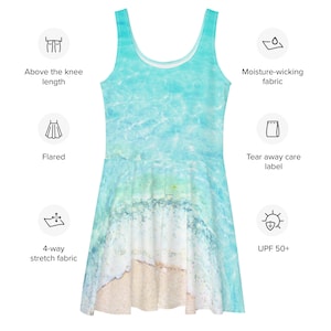 Skater Dress, XS - 2XL 3XL, Original art beach, Tropical sea ocean nature lover modern wave water white sand coast summer watercolor surf