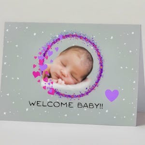 Welcome Baby Card: Newborn, Pink & Purple Wreath