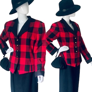 1980s Blazer Vintage 80s Power Blazer Red Black Plaid Tailored Fit Shoulder Pads