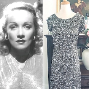 Dress Silver Sequins Large 1930s Old Hollywood 1920s Flapper Evening Gown Vintage Formal Gatsby