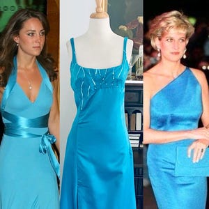Kate Middlton Dress Y2K Dress 1990s Party Prom Dress Blue Satin Evening Gown Formal Cocktail Dress 90s Maxi Dress