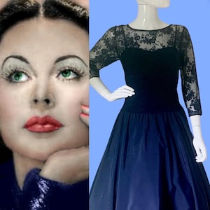 1940s Dress Vintage Evening Gown Blue Lace taffeta 1950s Formal Prom Ball Gown