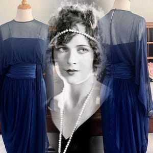 1920s Dress Blue Flapper Downton Abbey Silk Evening Gown 1930s Gatsby Formal
