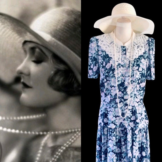 1920s dress Blue Floral Great Gatsby Downton Abbey dr… - Gem