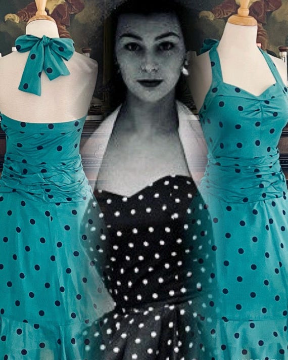 Vintage 1950s Style Green Polka Dot Dress: Full Skirt Fit Flare Halter - Etsy Vintage 1950s Style Green Polka Dot Dress: Full Skirt Fit Flare Halter - Etsy