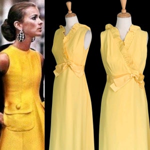 Dress Yellow Satin Crepe Medium 1960s Formal Prom Vintage 1970s Evening Gown