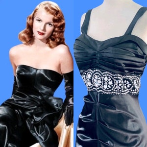 1920s Dress Large Black Satin 1930s Hollywood Gatsby Formal Evening Gown Flapper
