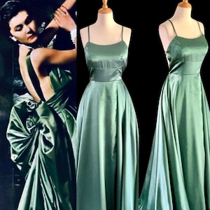 1930s Evening Gown Old Hollywood Dress Evening Gown Green Satin Gown 1930s Silk Vintage Gown
