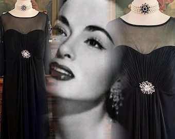 Vintage Black Plus Size Evening Dress: 1930s Hollywood Goddess Chiffon BallGown