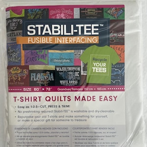 May include: A package of Stabili-Tee fusible interfacing for t-shirt quilts, measuring 60 inches by 72 inches. The packaging features a collage of various t-shirt designs, a green t-shirt graphic with the text Recycle YOUR TEES, and instructions.