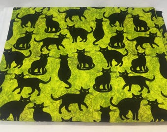 Ghost Party by 3wishes Fabric 45" wide 100% Green & Black Cat Halloween Fabric, 1 1/2 Yards