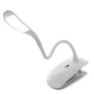 May include: A white flexible reading lamp with a clip on the base. The lamp has a white shade and a long, flexible neck.