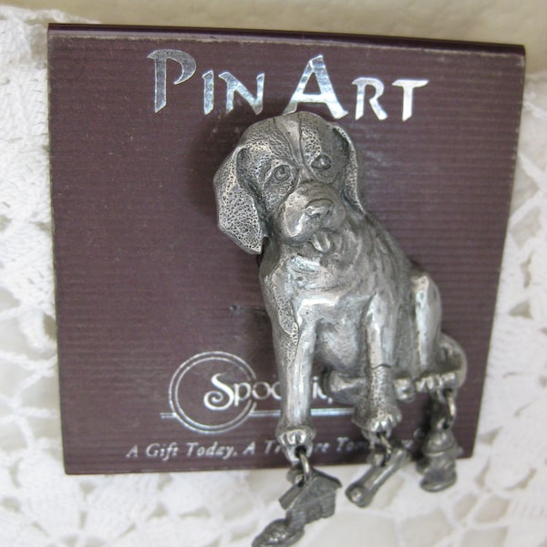 Vintage Dog Lovers  Brooch, Spoontiques Pewter Dog Brooch, Spoon Dog with Dangling Charms Brooch, Free Shipping,  K28