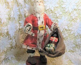 Vintage Paper Mache Santa with Toy Bag, 10'' Standing Santa, Christmas Decor, Christmas Santa