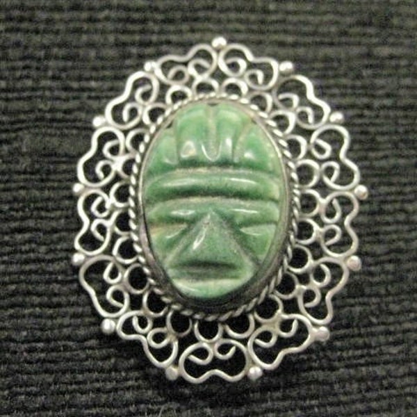 Vintage Sterling Green Face Filigree Brooch, Warrior Mask, Tribal, Aztec Face 925 Brooch, Mexico Sterling Plata Face Brooch, Free Shipping,