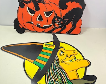 Beistle Co. Halloween Die Cut Decorations, Witch and Black Cats/Jack O Lantern. SHV