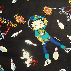 Vintage Betty Boop Bowling Fabric, Hall of Fame Tournament Betty Boop Black Fabric, DR2