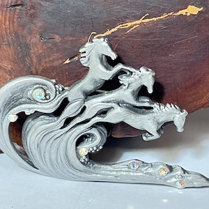 AJC Pewter Crystal Horses Riding Waves Brooch, Vintage Horses Pin AJC, Free Shipping