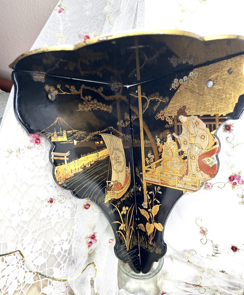 Vintage Black Lacquered Gold Painted Oriental Motif Folding Wall Shelf
