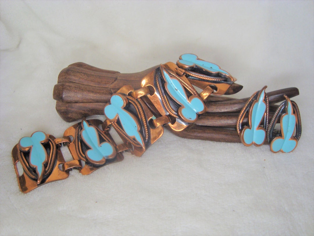 Vintage Copper Enamel Bracelet and Clip on Earrings, Heavy Link Copper