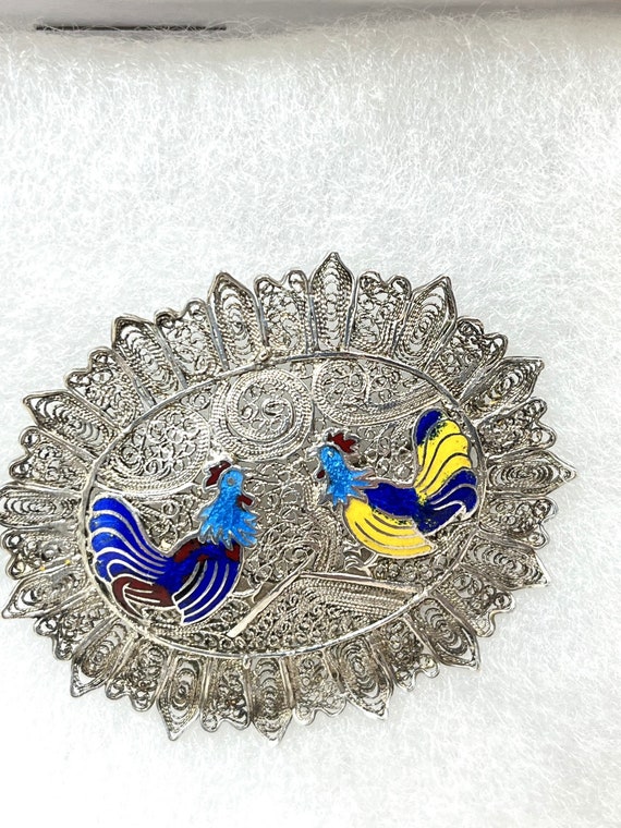 Vintage Silver Filigree Oval Brooch, Two Enameled… - image 2