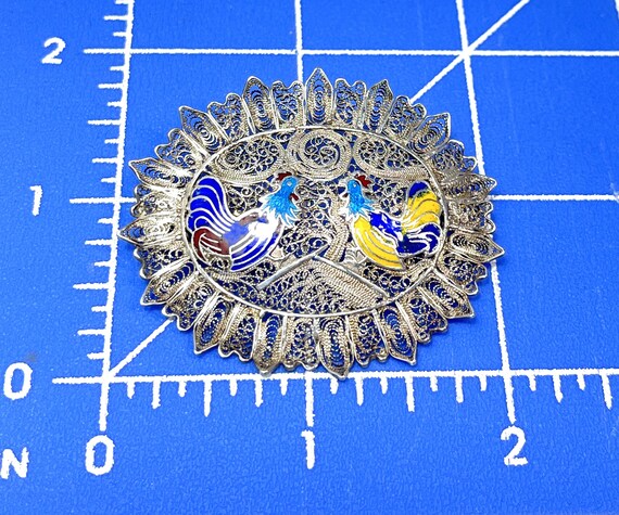 Vintage Silver Filigree Oval Brooch, Two Enameled… - image 5