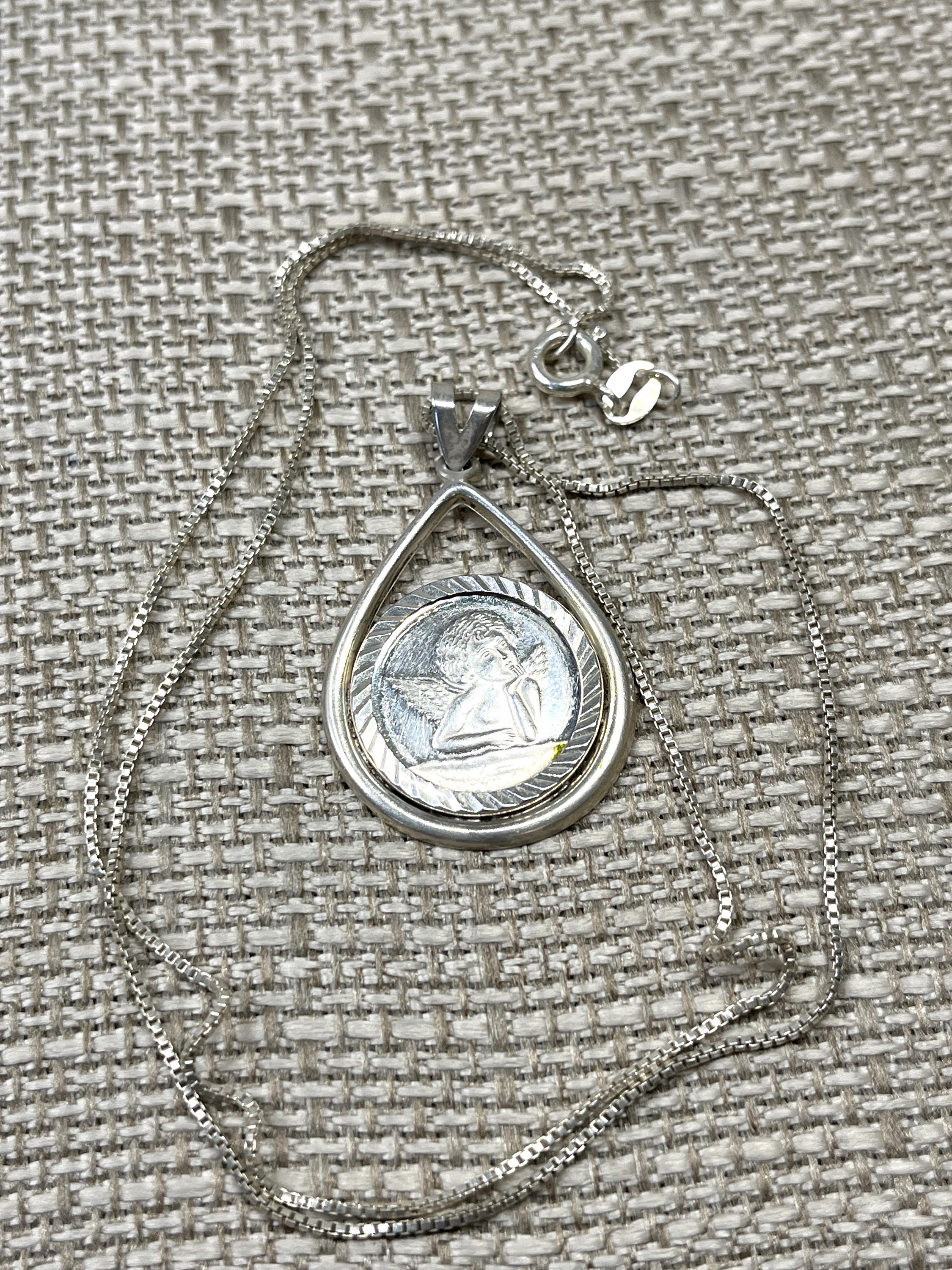 999 Silver Angel Pendant on 925 Silver 18'' Necklace, 999