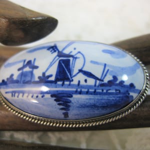 Vintage Delft Windmill Silver Porcelain Brooch, Holland Dutch Delft 835 Silver Souvenir Brooch Pin,  Free Shipping, E51
