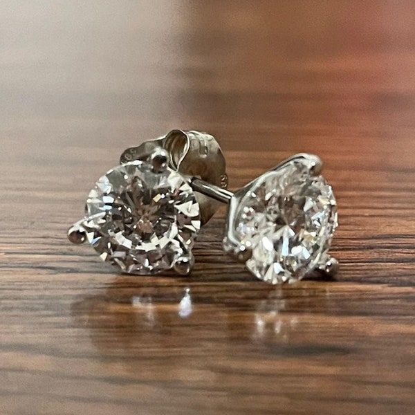 Diamond Stud Earrings AGI Certified Round D VS1 1 Carat Excellent Lab Grown Created 14k White Gold 3 Prongs Martini Women Jewelry