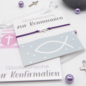 Geschenk zur Konfirmation / Kommunion, zartes Armbändchen mit Kreuz silber, Schiebeknoten, Wunschfarbe möglich, incl. Geschenk-Karte
