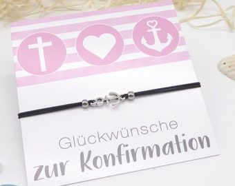 Gift for confirmation / communion, delicate bracelet made of rubber band with anchor in silver, desired color possible, incl. gift card