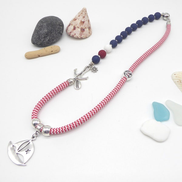 Asymmetrical necklace made of sail rope and polaris beads, maritime jewel with sailing ship and anchor, customizable