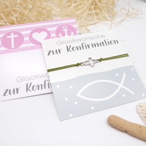 Geschenk zur Konfirmation / Kommunion, zartes Armbändchen mit Kreuz in silber mit Schiebeknoten, Wunschfarbe möglich, incl. Geschenk-Karte