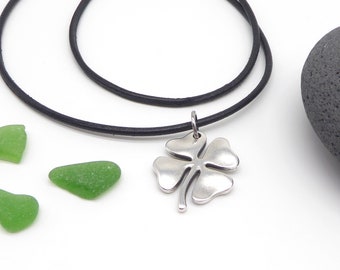 Necklace leather strap, pendant cloverleaf, with carabiner stainless steel, gift, lucky charm