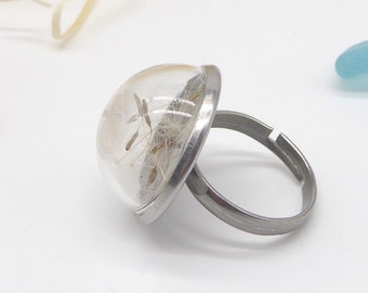 Finger ring, ring, glass body filled with dandelion seeds, dandelion - dandelion, jewelry, glass ball, silver, gift woman, stainless steel
