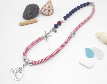 Asymmetrical necklace made of sail rope and polaris beads, maritime jewel with sailing ship and anchor, customizable