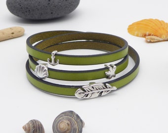 narrow leather wrap bracelet, light green silver, feather, anchor, shell, starfish, magnetic clasp, bracelet, green, gift for woman